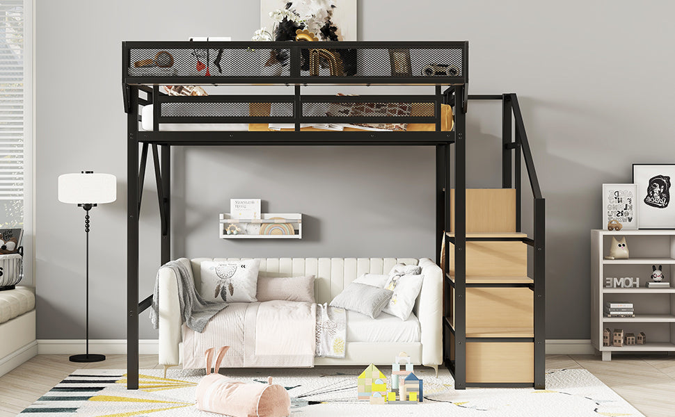 Full Size Loft Bed with Stairs and Storage Shelves