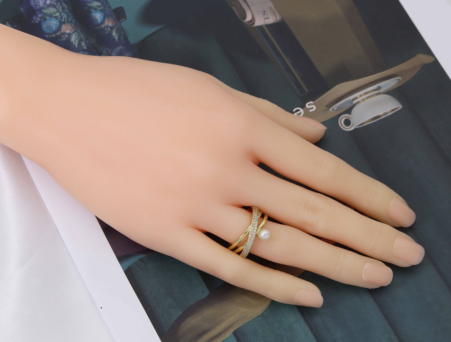 CZ Gold Pearl Cross Ring, Sku#X345