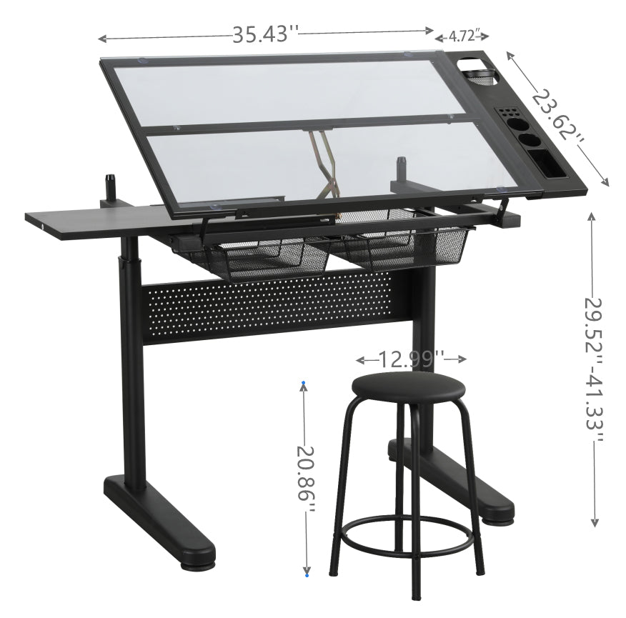 Hand Crank Adjustable Drafting Table with Stool