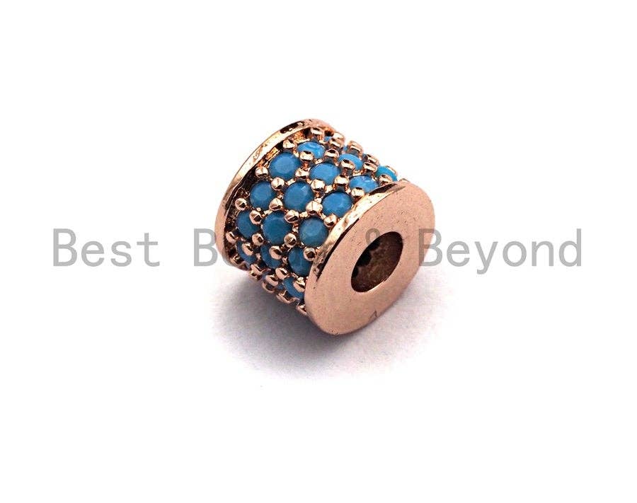 CZ Big Hole Drum Barrel Turquoise Micro Pave Beads, Gold/Rose Gold/Silver/Black Cubic Zirconia Spacer Beads, DIY Jewelry, 6x7mm, sku#X46