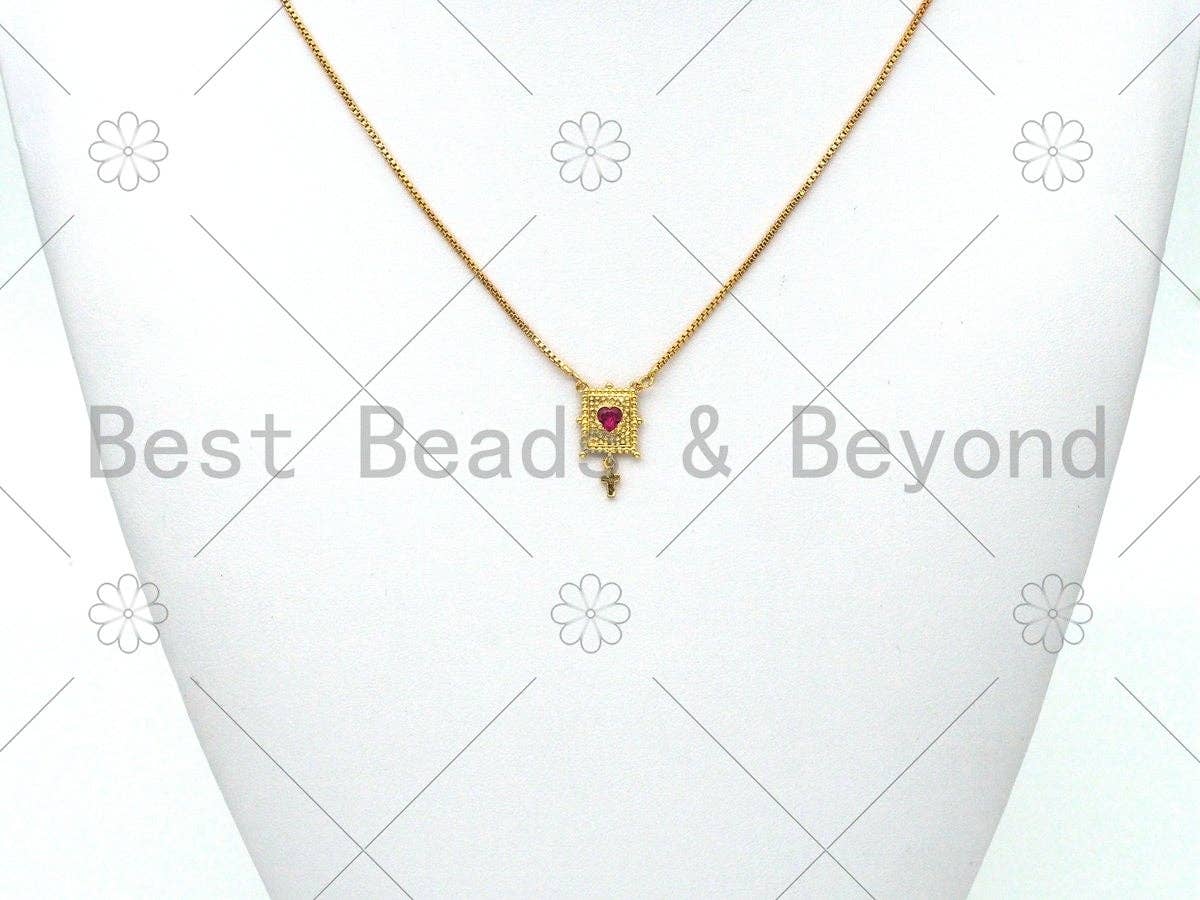 Fuchsia Heart CZ Micro Pave with Cross On Rectangle Shape Pendant, 18K Gold Filled Charm, Necklace Bracelet Charm Pendant,11x14mm,Sku#LK402