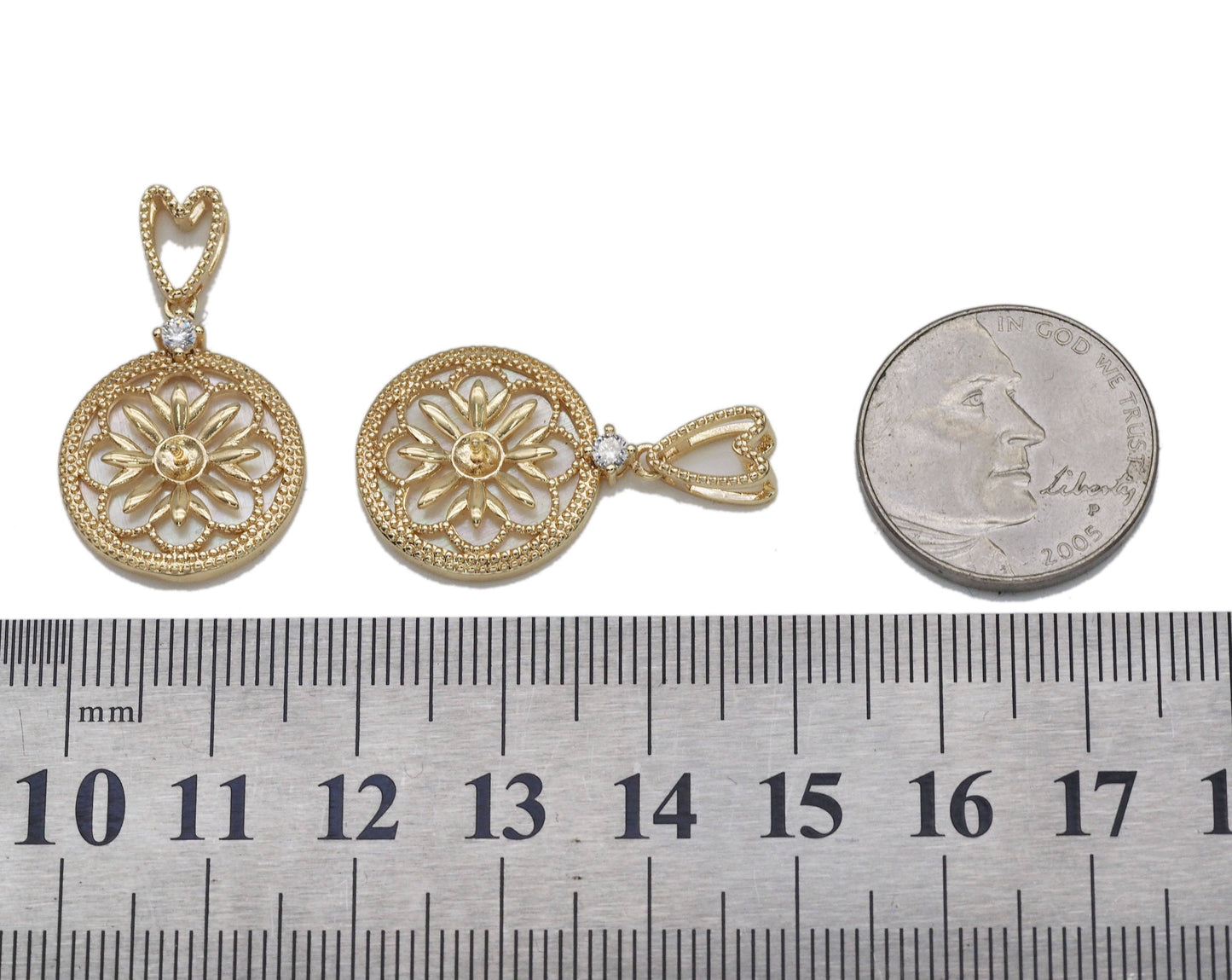 Gold CZ Flower with Pearl On Round Coin Charm, Sku#ZX96