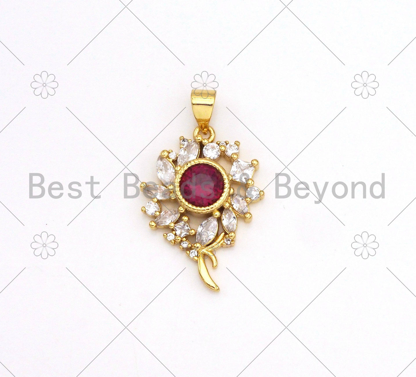 Big Fuchsia CZ Micro Pave Sunflower Shape Pendant, 18K Gold Filled Flower Charm, Big CZ Pave Pendant,17x24mm, Sku#LK373