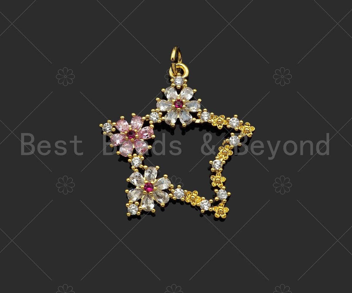 Gold Filled CZ Micro Pave Star with Colorful CZ Flower Pendant,18K Gold Filled Star Charm, Necklace Bracelet Charm Pendant,25x26mm,Sku#LK326
