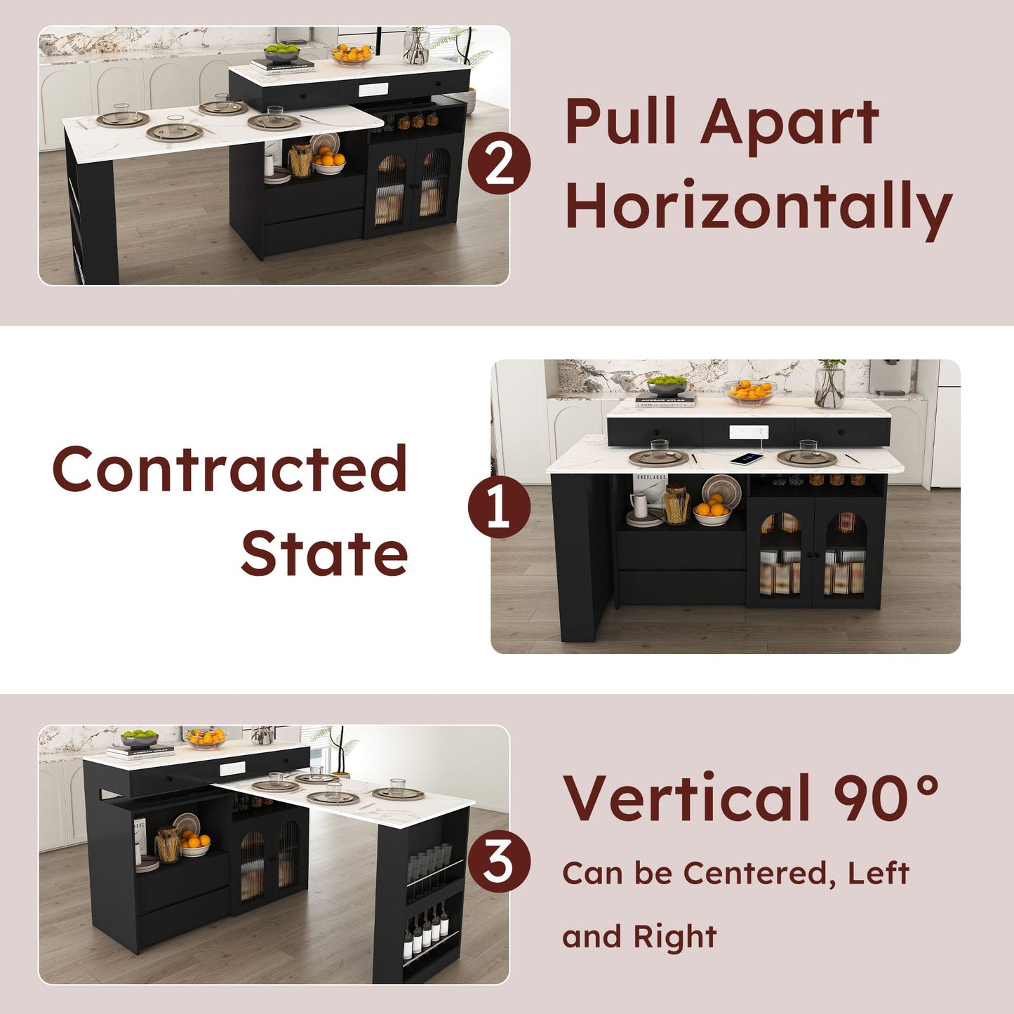 Retro Kitchen Island Set With Chairs, Extendable & Rotating Table, 4 Drawers & Door Cabinets