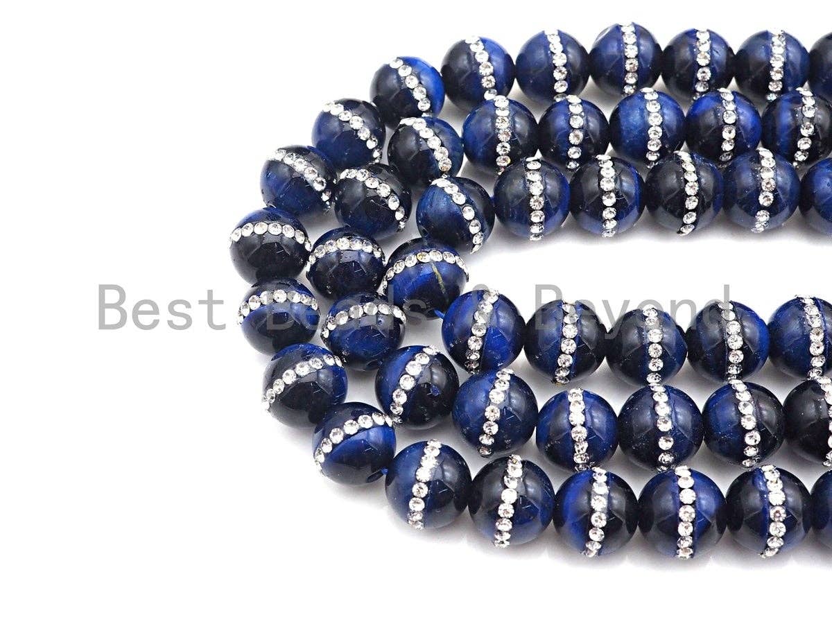 High Quality Blue Tiger Eye with rhinestone inlaid, 6mm/8mm/10mm/12mm/14mm, Tiger eye Beads, 15.5inch Full strand, SKU#V48