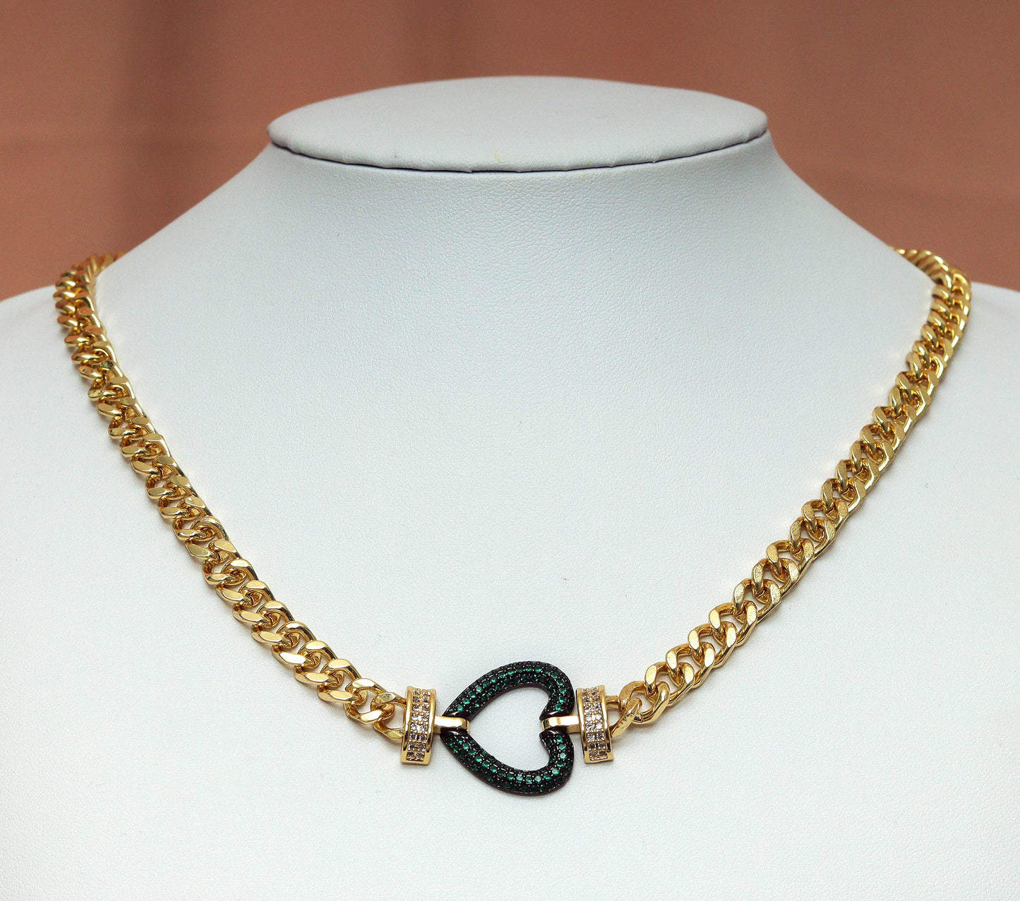 Gold Cuban Chain Heart Necklace, sku#CL18