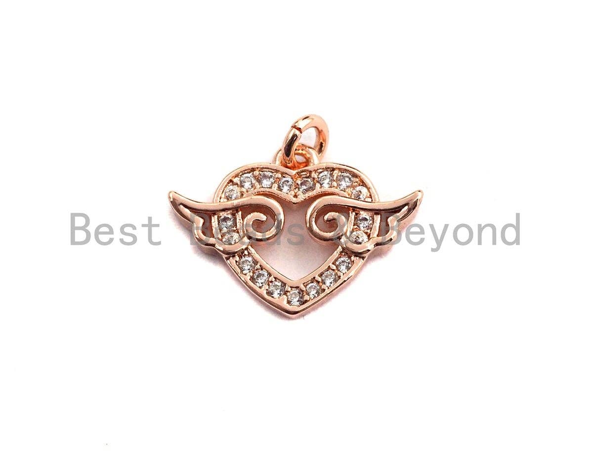 CZ Micro Pave Heart With Wings Shaped Pendant/Charm, Cubic Zirconia Pendant Charm,11x15mm,sku#F922