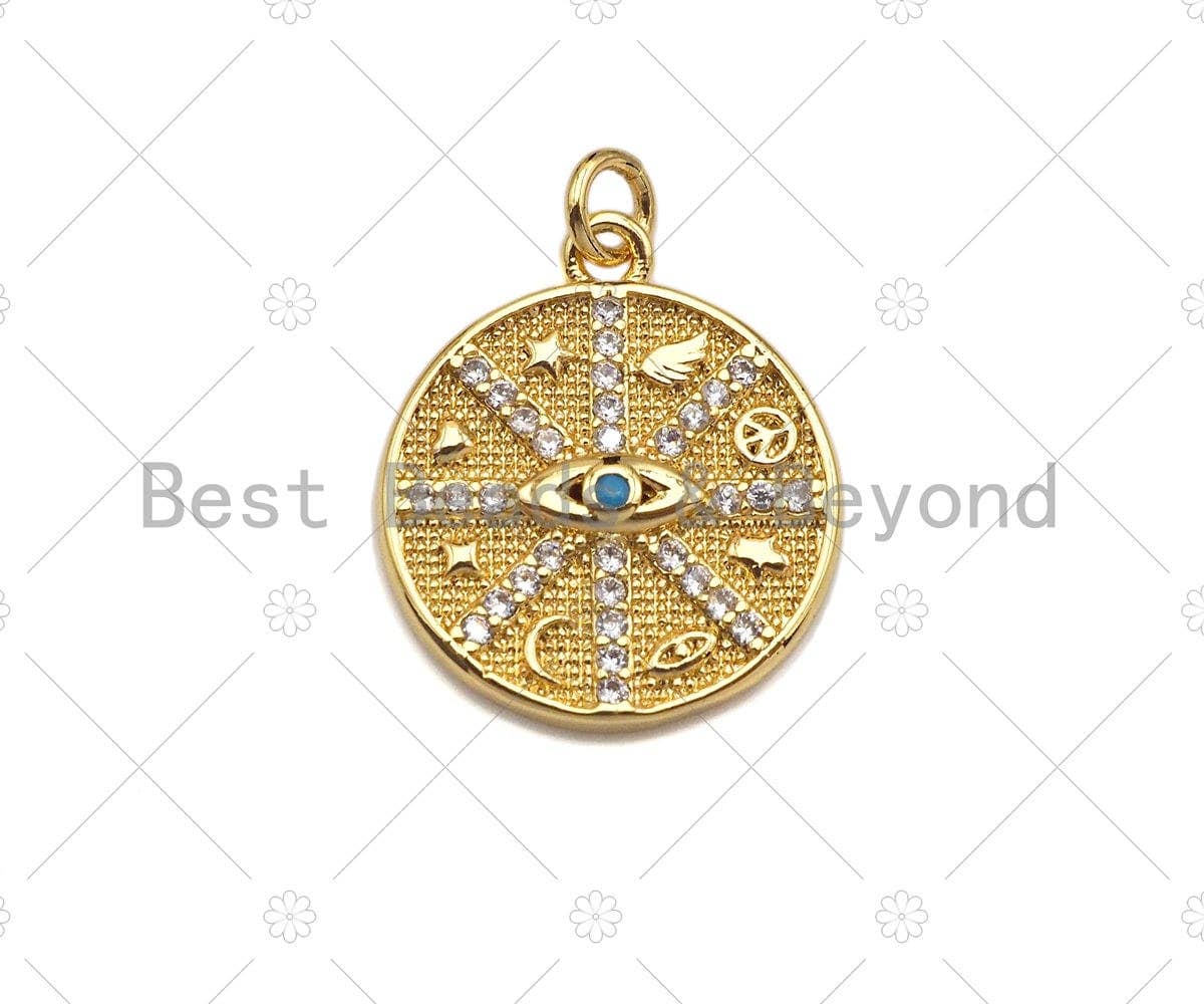18K Gold Evil Eye Round Coin Charms, Gold Evil Eye Charm, Protection Charm, Medallion Charm, Elephant medallion,15mm, Sku#LK188