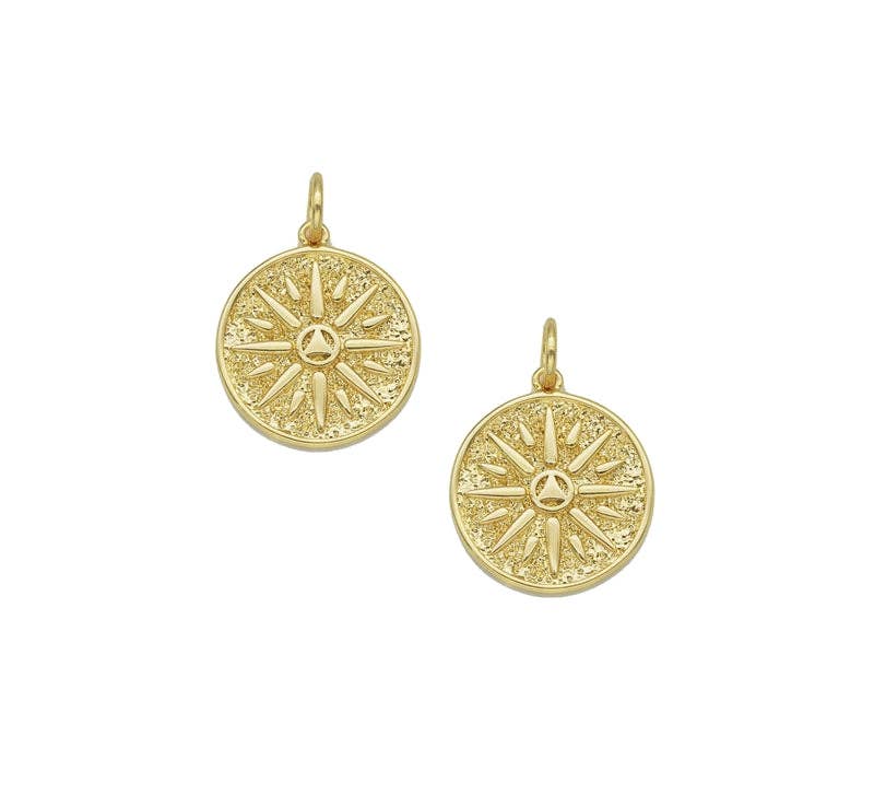 CZ Gold Flower Triangle Round Coin Charm, Sku#LX142