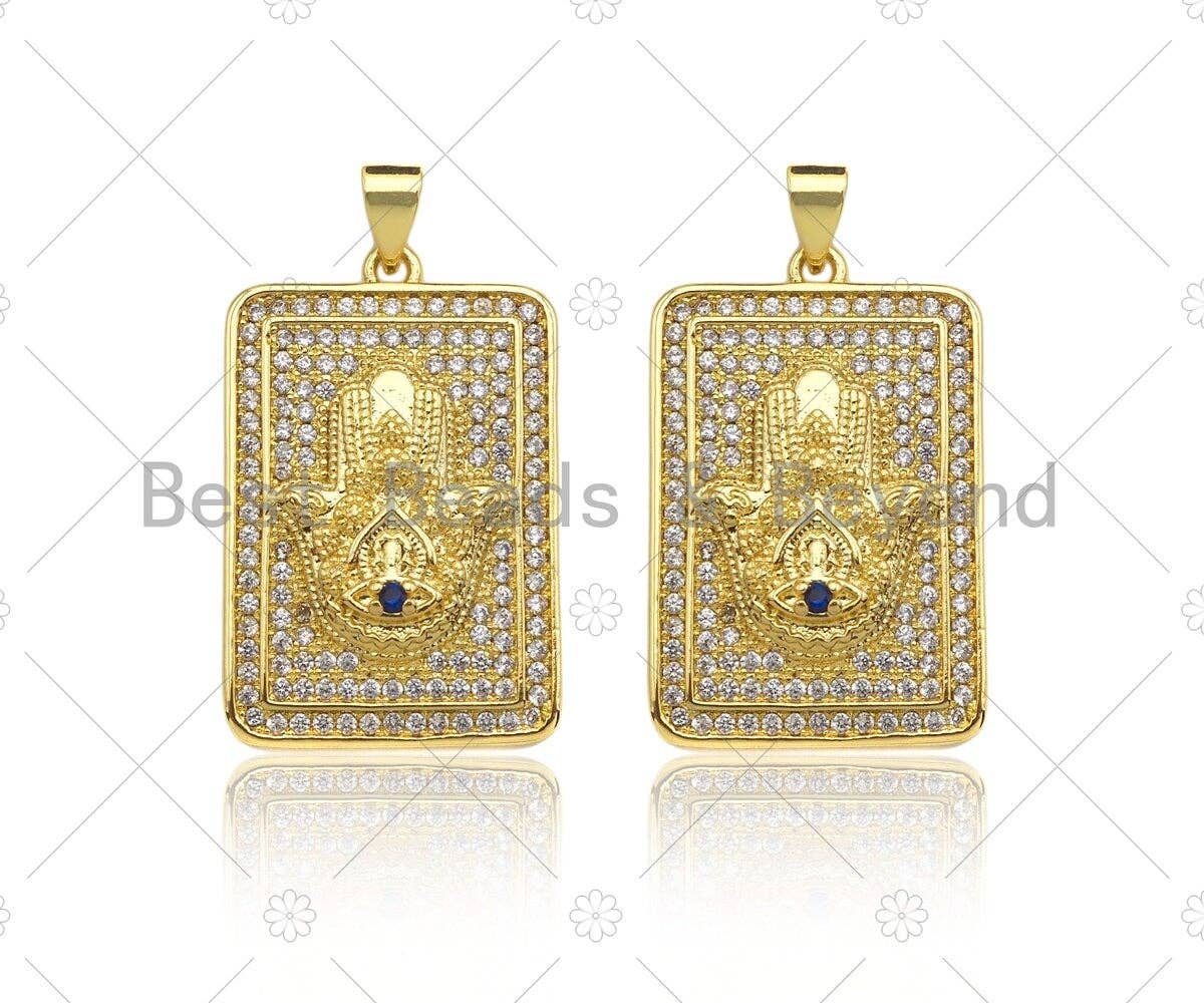 CZ Micro Pave Hamsa Hand On Rectangle Shape Pendant/Charm,Cubic Zirconia Medallion Charm, Necklace Bracelet Charm Pendant,18x28mm, Sku#LK219