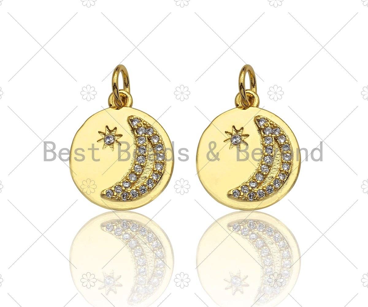 Dainty Shiny Gold Moon Star Round Coin Charms, Dainty Charms, Godl Coin Charm, Gold Pendant, 12x14mm, Sku#LK118