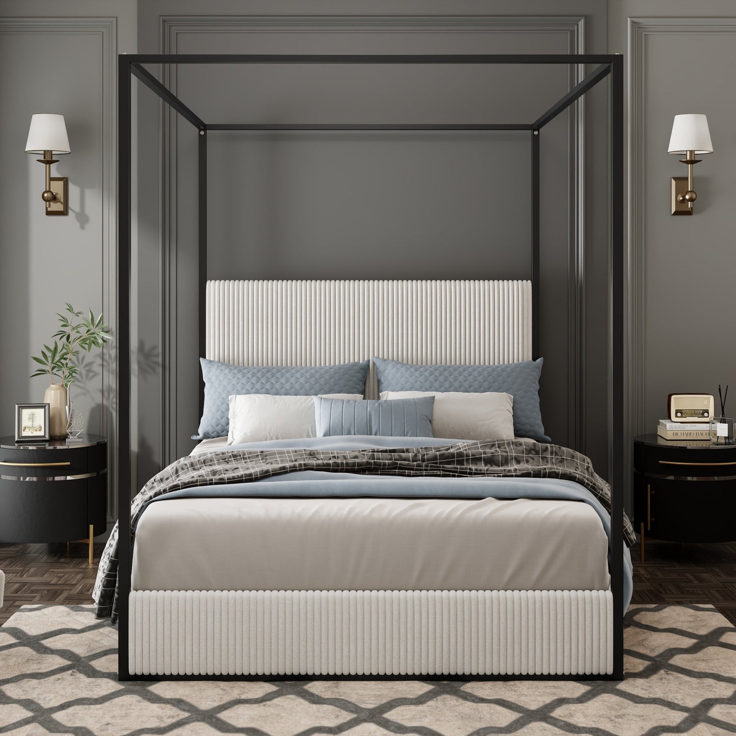 Modern Luxury Metal Canopy Bed with Tall Corduroy Upholstered Headboard