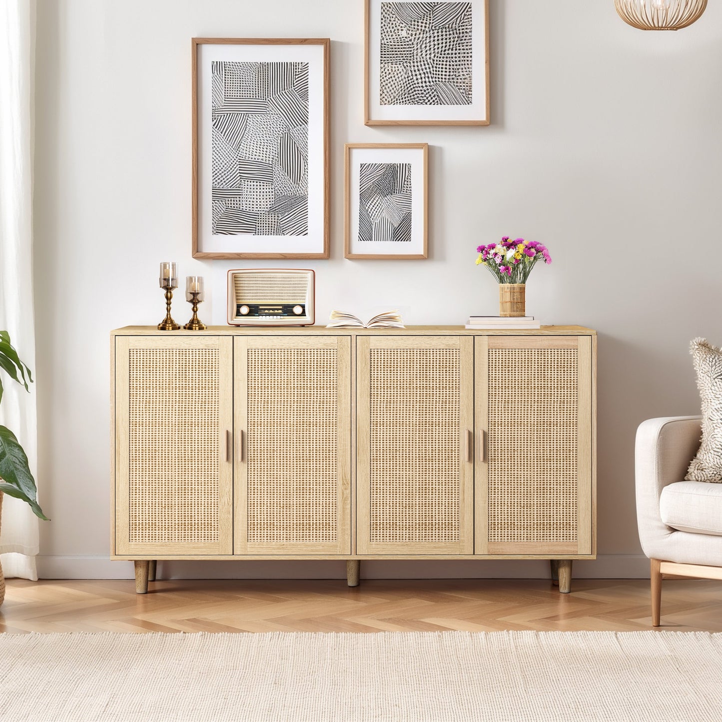 Elegant and Functional 4-Door Rattan Decorative Storage Cabinet