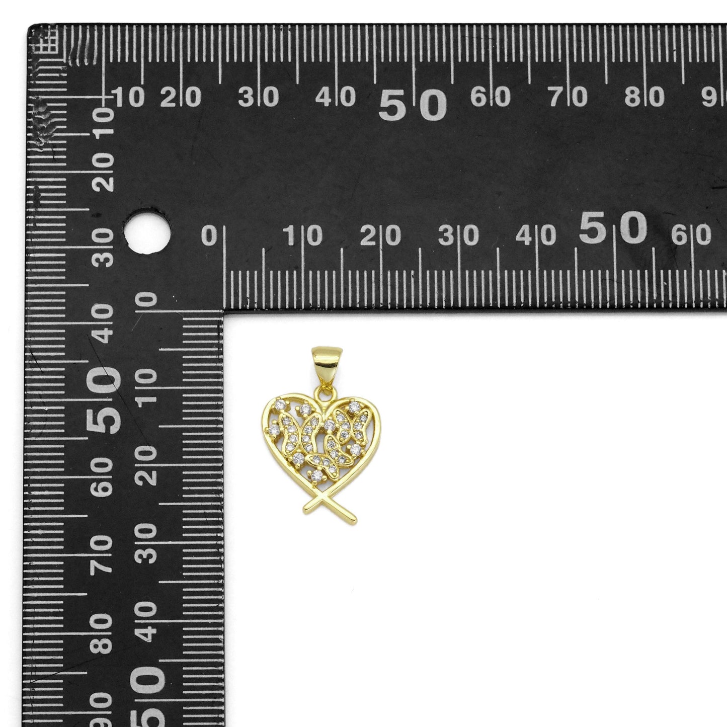 Gold CZ Butterfly On Heart Charm, Sku#LK887
