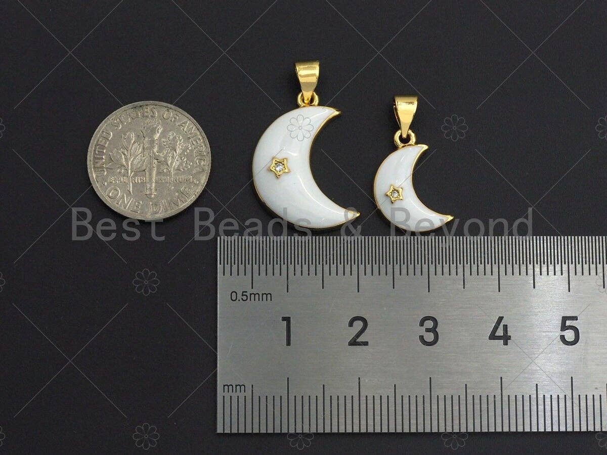 18K Gold CZ Micro Pave Enamel Moon with Star Charm, Black/White/Red/Blue Moon Charm, 10x16mm/14x21mm, sku#LK36