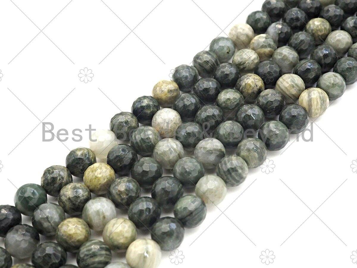 Quality Natural Green Rabbit Fur Courts Round Faceted Beads, 6mm/8mm/10mm/12mm Dark Green Agate, 15.5'' Full Strand, Sku#U1150