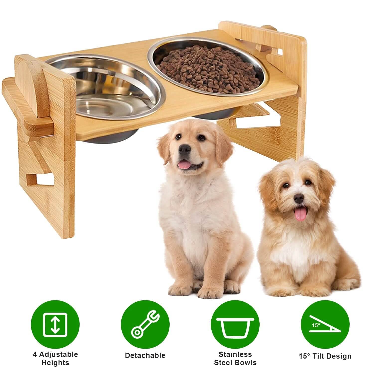5°Tilt Bamboo Double Elevated Dog Bowls with 4 Adjustable Heights