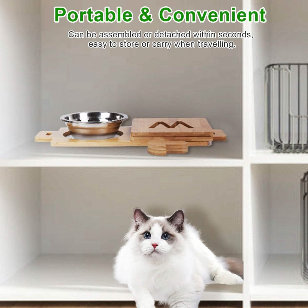 5°Tilt Bamboo Double Elevated Dog Bowls with 4 Adjustable Heights