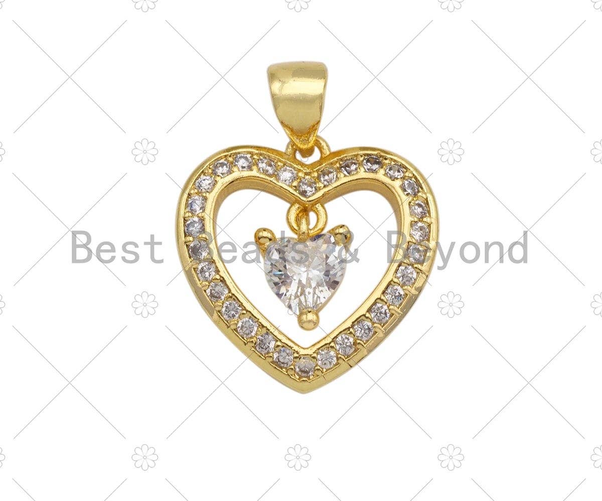 18K Gold Heart with Dangle Diamond Pendant, Heart Charm, Gold Heart Pave Pendant, Gold plated, 16mm, Sku#LK59