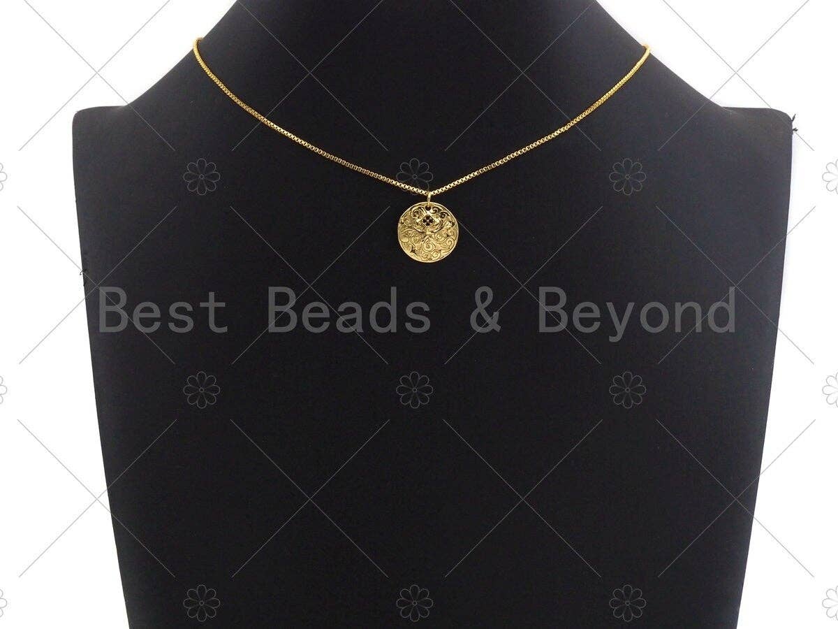 18K Gold Medallion Round Coin with Black Pave Flower Charm, Brass Medallion, Coin Charm, Pave Charm, 17mm, Sku#LK20