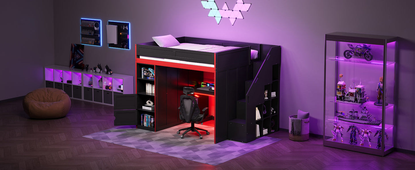 Gaming Loft Bed with Desk and Storage, LED Lights, Full