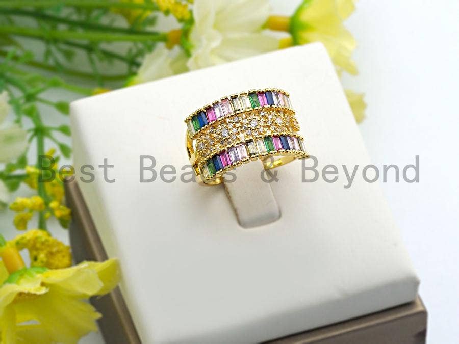 Wide Rainbow CZ Gold Adjustable Ring, Sku#X17