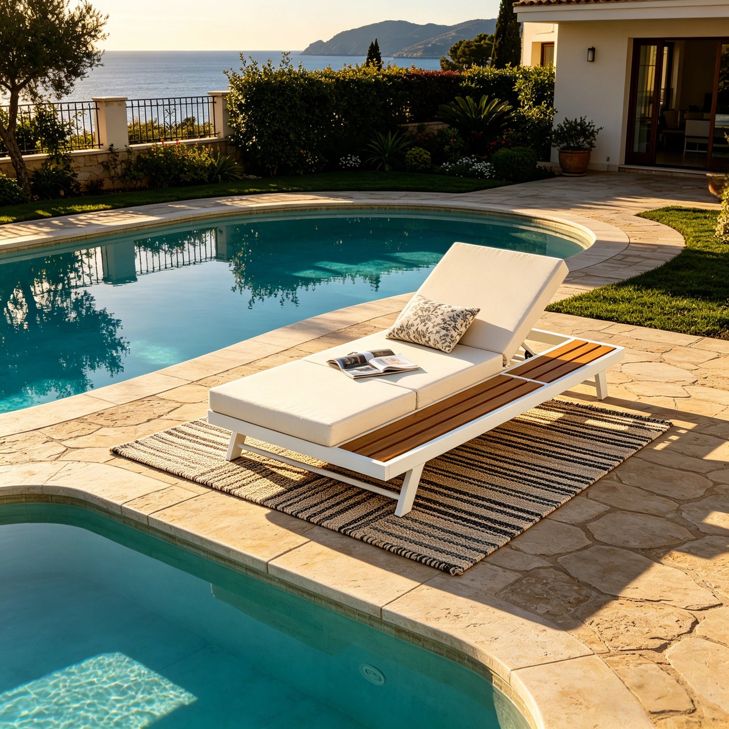 White Iron and Teak Finish Chaise Lounge Set