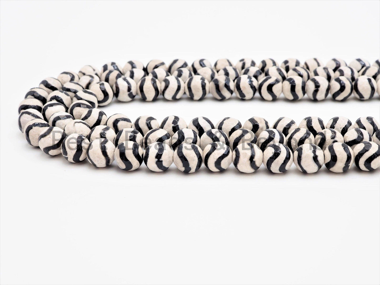 Dzi Black Band Faceted Round Beads,  Zebra Striped Tibetan A