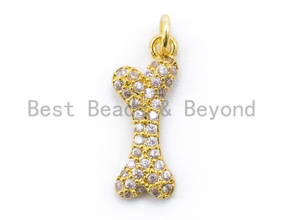 CZ Micro Pave Dog Bone Charm, Cubic Zirconia Pave Bracelet Charm, Gold/Silver/Gunmetal/Rose Gold Plated, 8x22mm,  Sku#F165