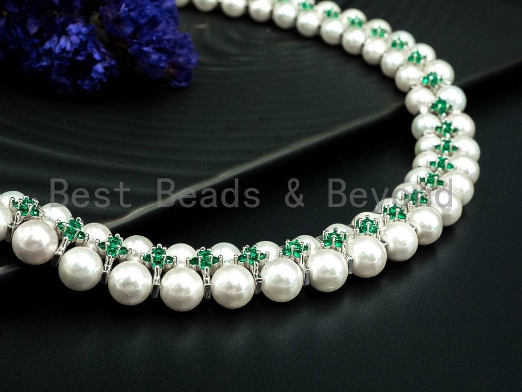 Green Cubic Zirconia& Mother of pearl necklace and bracelet set, Pearl Jewelry set, Bridal Jewelry, Double Strand Statement Jewelry, SKU#P17