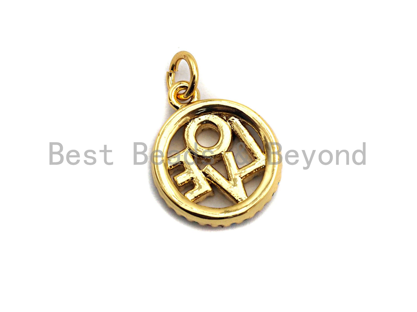 CZ Colorful Micro Pave Round With LOVE Pendant, Round Shaped Pave Pendant, Gold plated, 13x15mm, Sku#F840