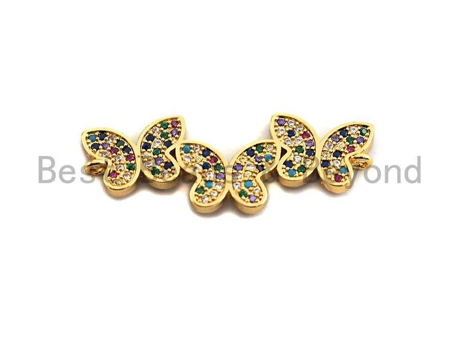 Colorful CZ Micro Pave Three Butterfly Connector/Link, Cz Pave Bracelet Necklace Connector in Gold Finish,14x37mm,sku#M254