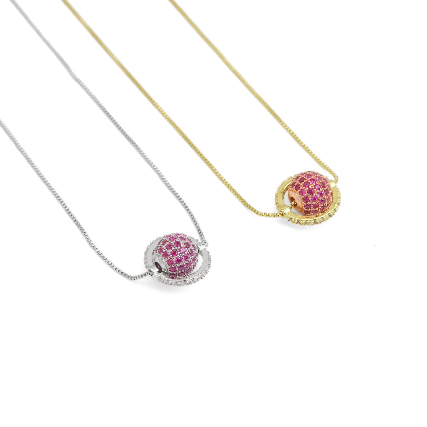Gold Silver Chain Pink Planet Ball Pendant Necklace, Sku#A212