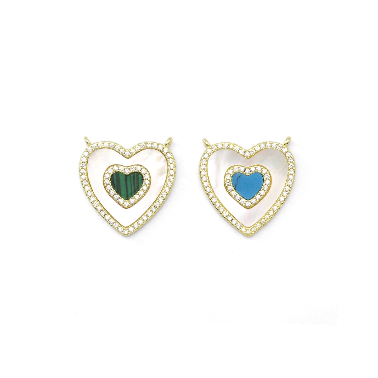 CZ Gold Mother of Pearl Turquoise Malachite Heart  Charm, Sku#LX329