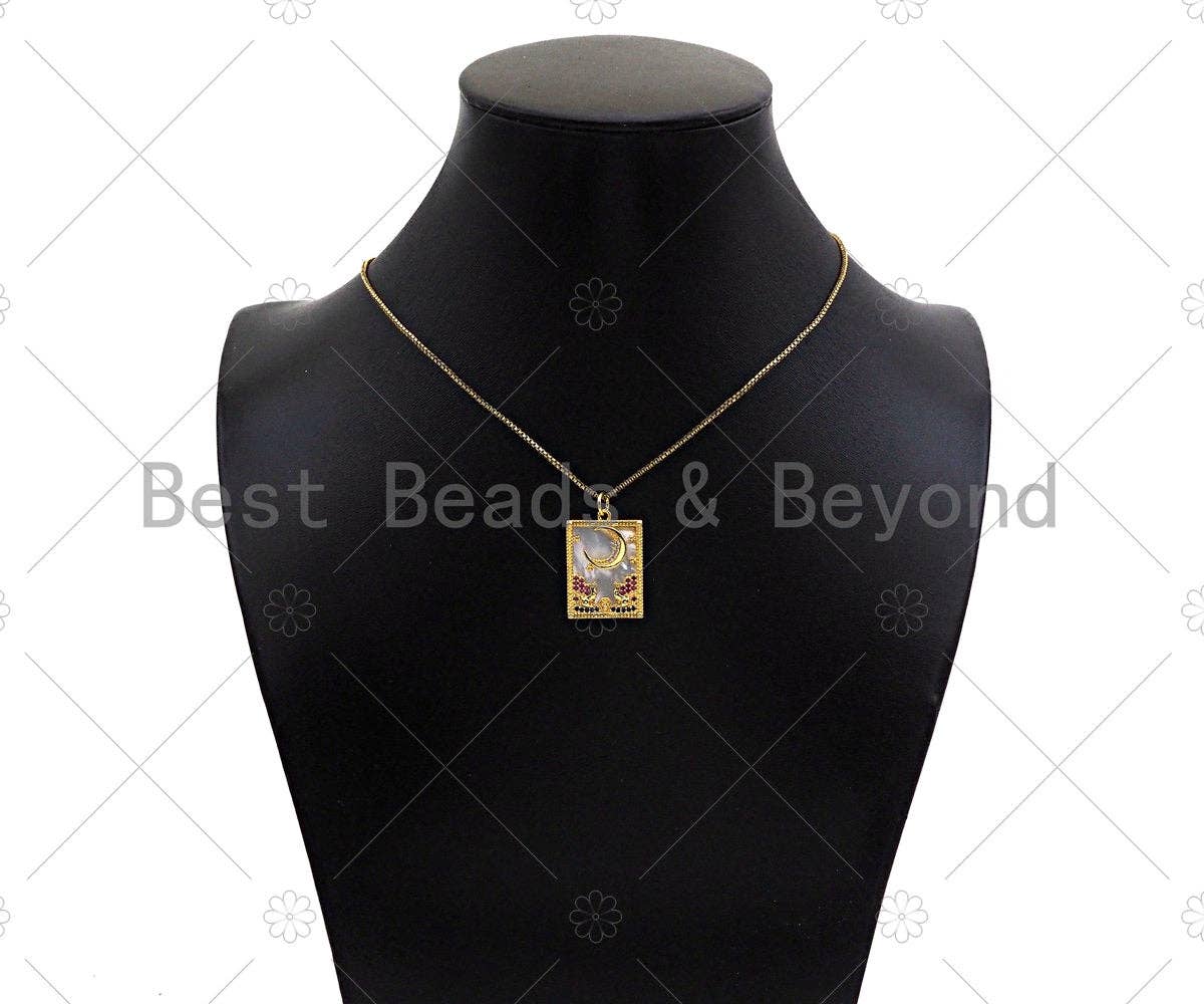 Gold Filled CZ Micro Pave North Star Cresent Moon on Mother of Pearl Rectangle Pendant,18K Gold Filled MOP Charm,17x24mm,Sku#Z1338