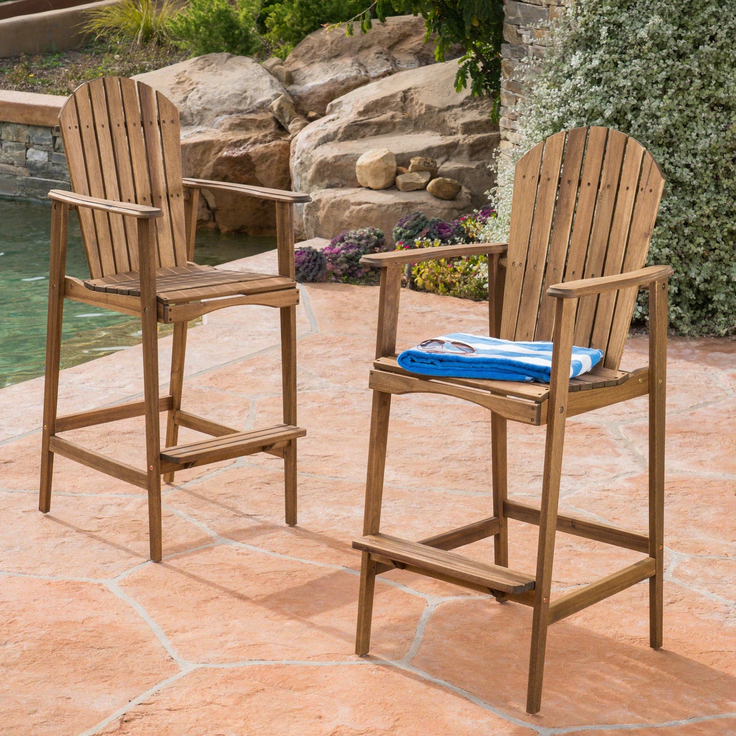 Outdoor Acacia Wood Adirondack Barstools, Set of 2