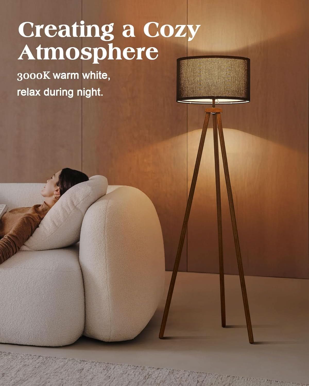 Walnut Wood Tripod Floor Lamp Color Temperature LED