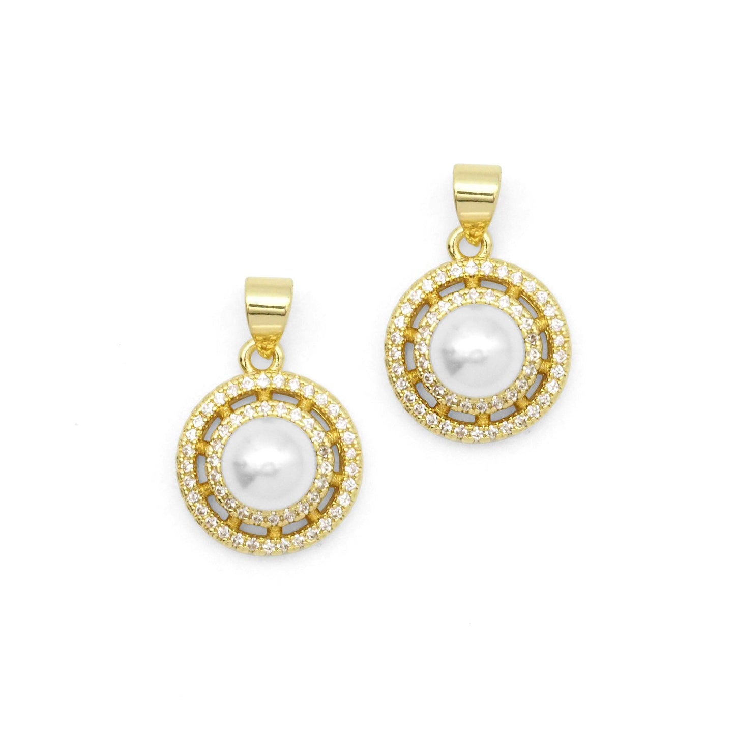 Clear CZ Gold White Pearl Round Charm, Sku#LK818
