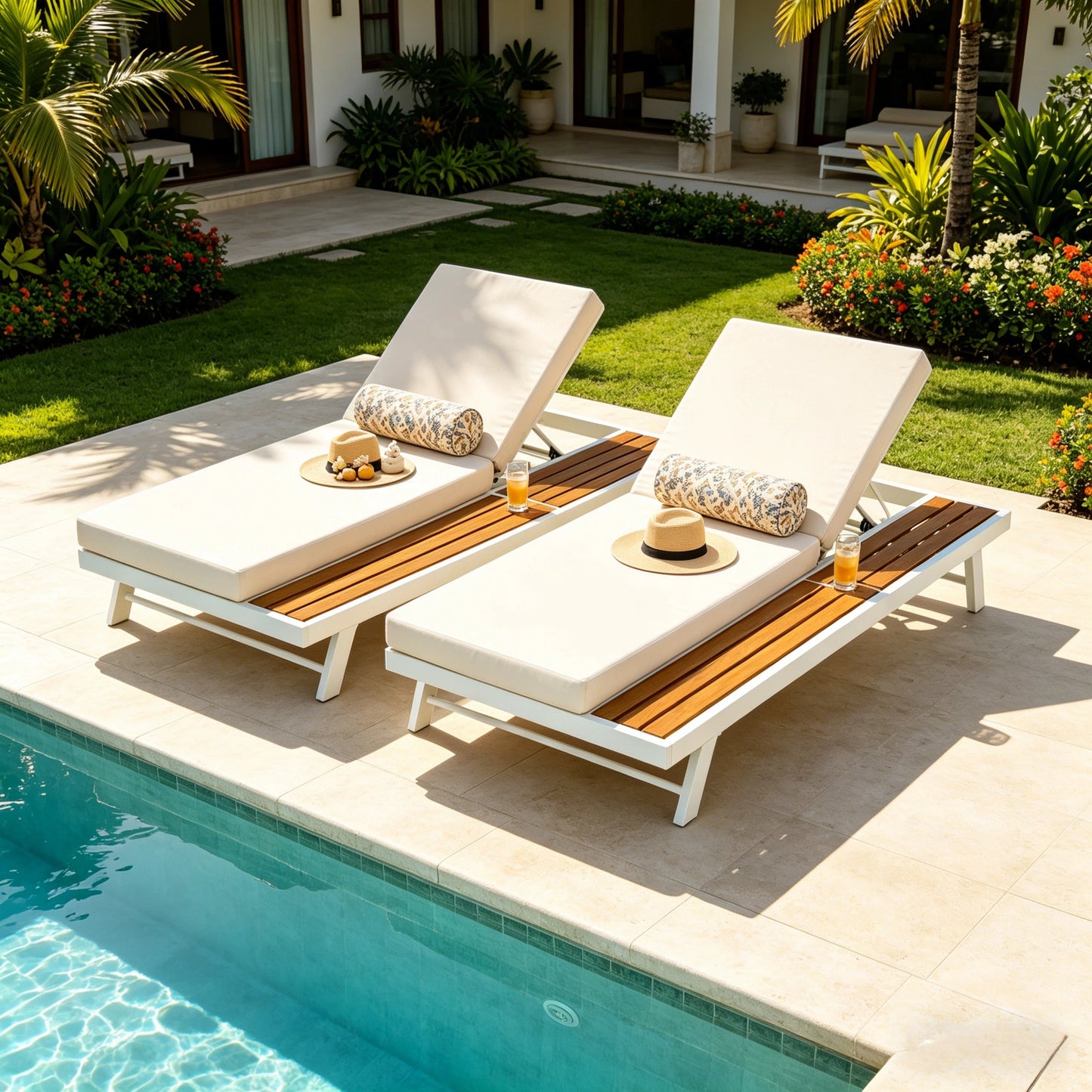White Iron and Teak Finish Chaise Lounge Set