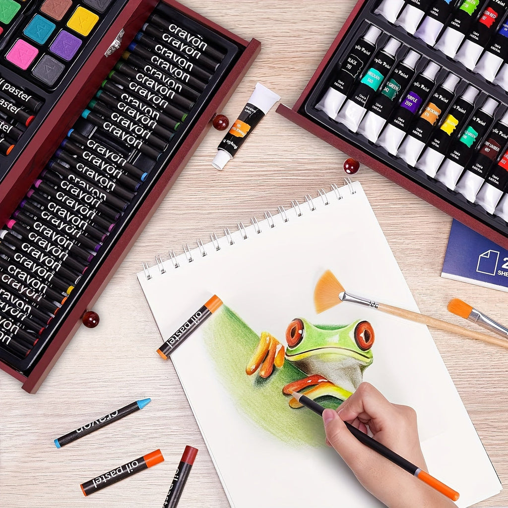 Coffret de luxe 175 pièces – Crayons, crayons de couleur et peintures acryliques dans une mallette en bois