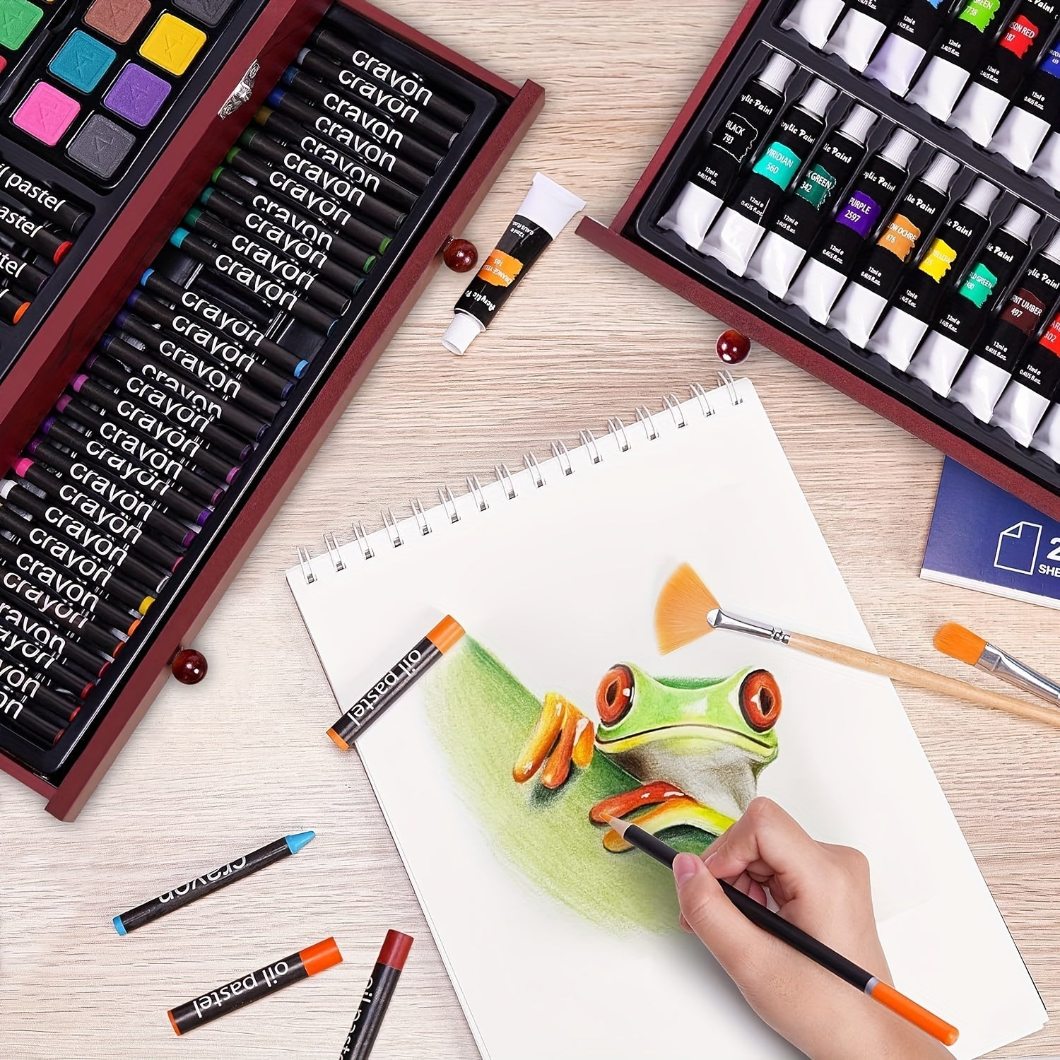 Coffret de luxe 175 pièces – Crayons, crayons de couleur et peintures acryliques dans une mallette en bois