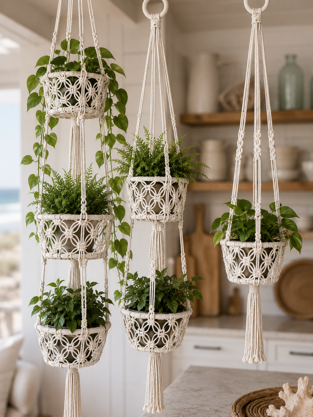 White Macrame Hanging Pot Holder Assorted Set/3 pcs