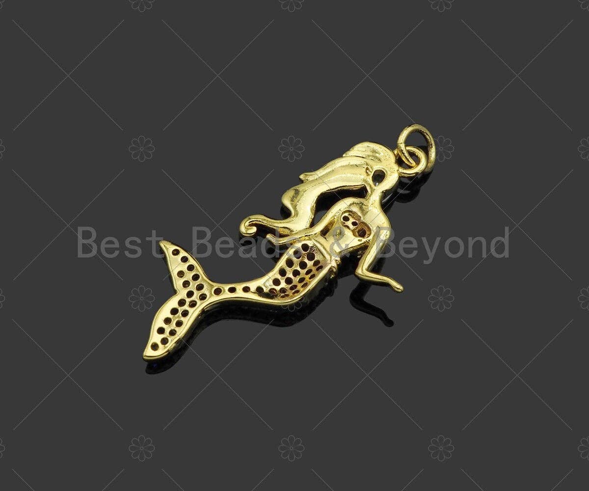 Gold Filled Fuchsia CZ Micro Pave Mermaid Shape Pendant, 18K Gold Filled Mermaid Charm, Necklace Bracelet Charm Pendant,16x33mm,Sku#LK363