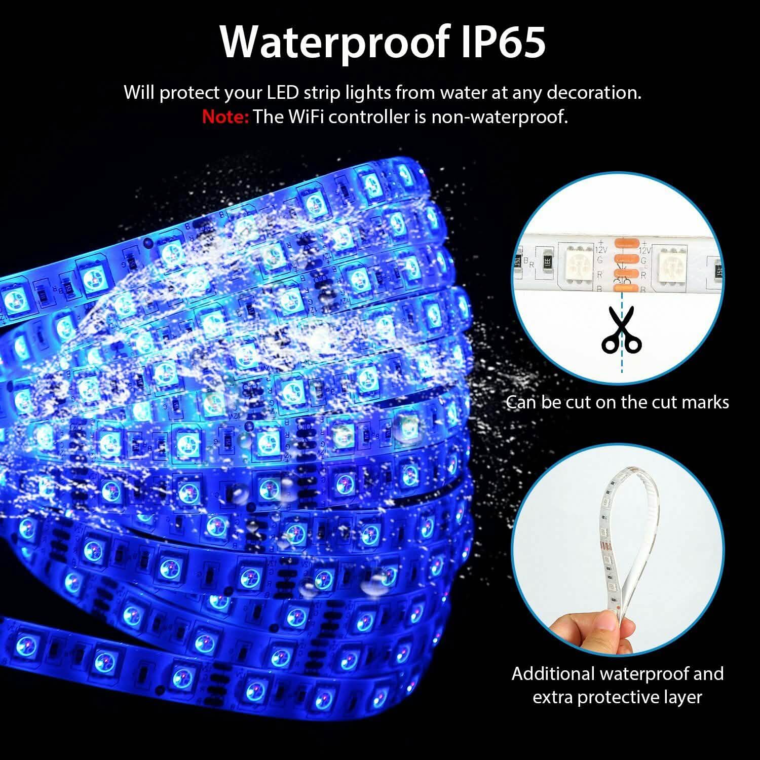 5M LEDストリップライト 5050 SMD RGB 防水 スマートWIFI IR APPコントローラー付き