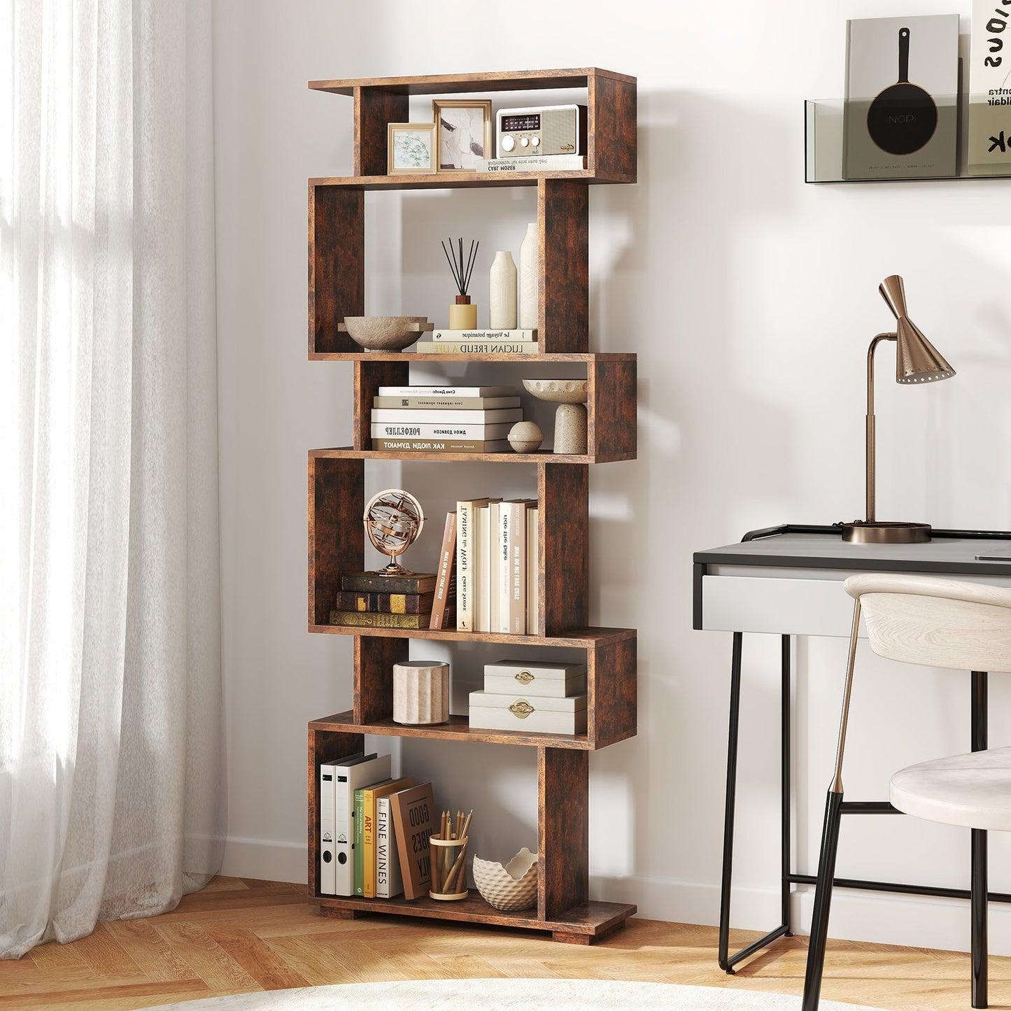 6-Tier Geometric Bookshelf with 2 Anti-Tipping Kits for Home Office