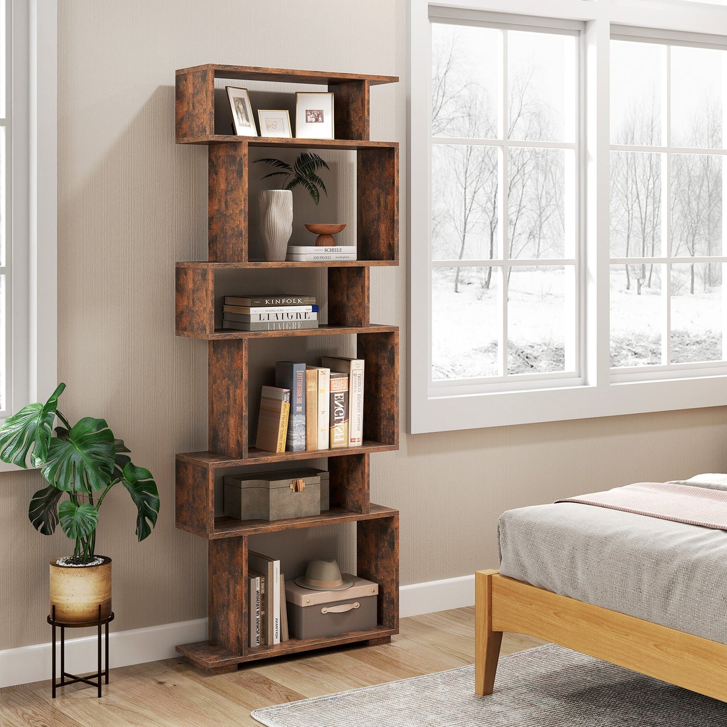 6-Tier Geometric Bookshelf with 2 Anti-Tipping Kits for Home Office