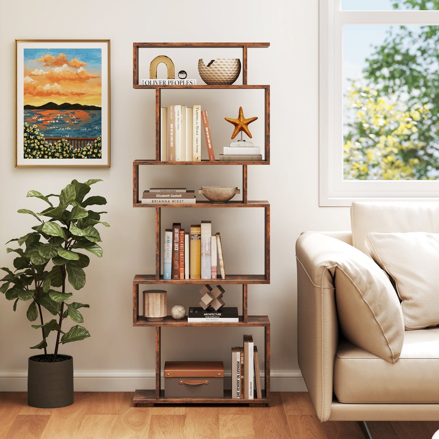 6-Tier Geometric Bookshelf with 2 Anti-Tipping Kits for Home Office