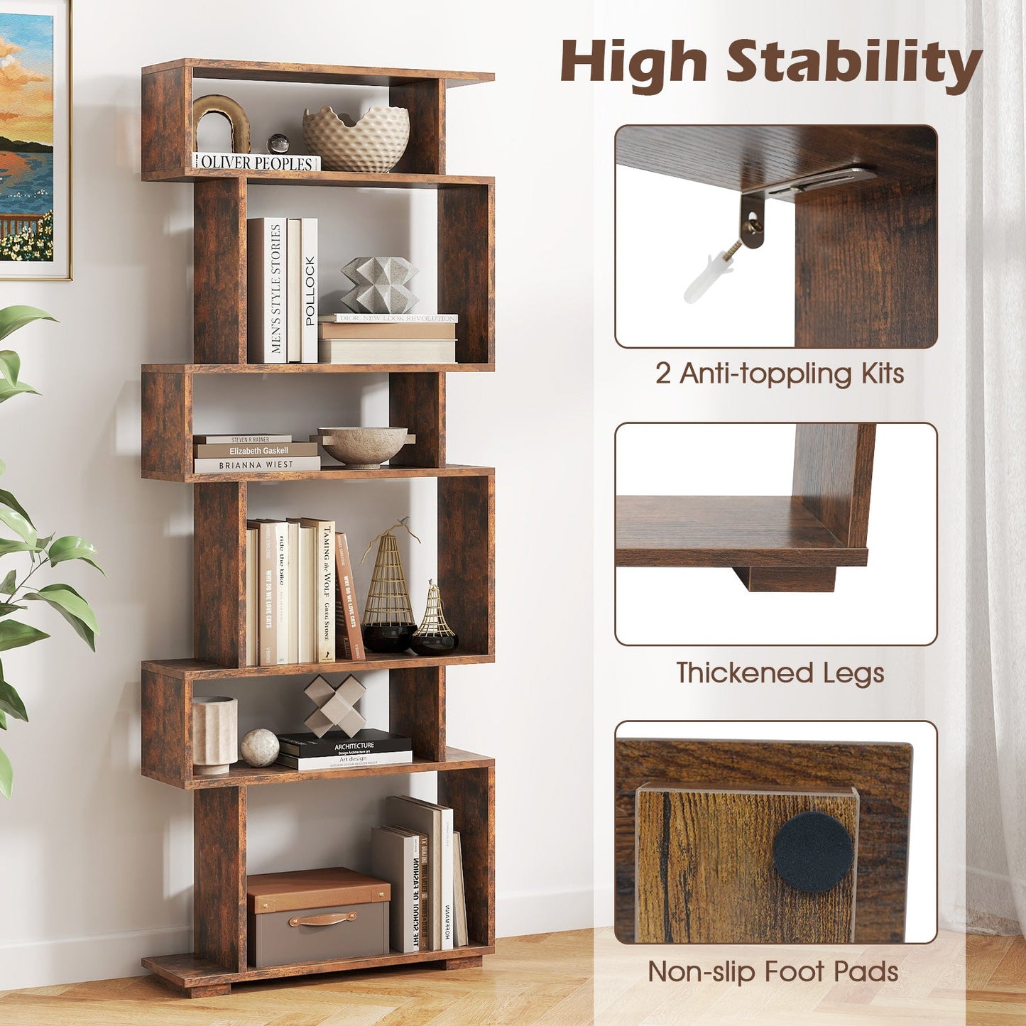 6-Tier Geometric Bookshelf with 2 Anti-Tipping Kits for Home Office