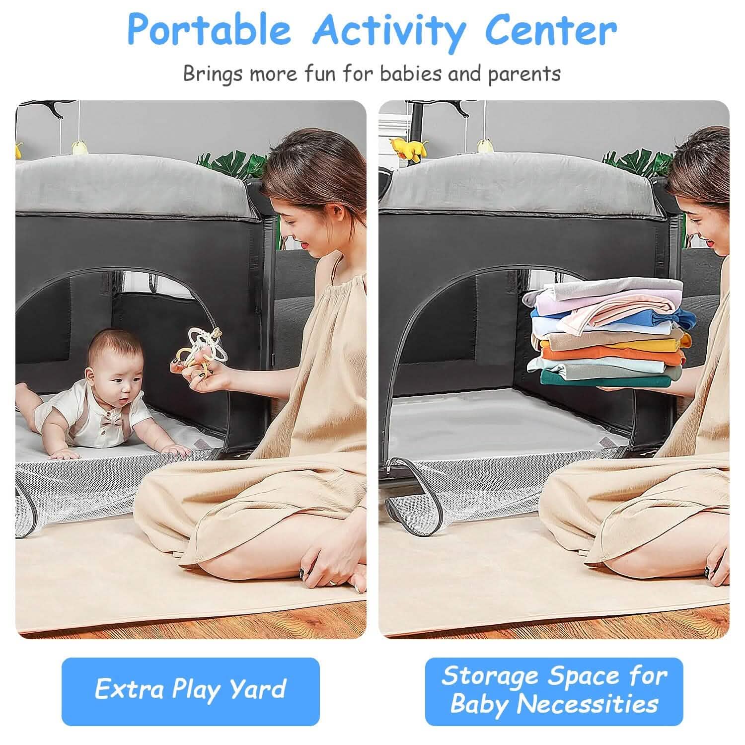 6-in-1 Foldable Baby Crib with Activity Center Diaper Changing Table